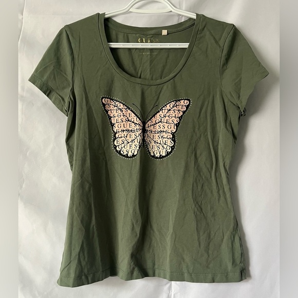 GUESS Olive Green T-Shirt Butterfly Design Size XL - Picture 1 of 2